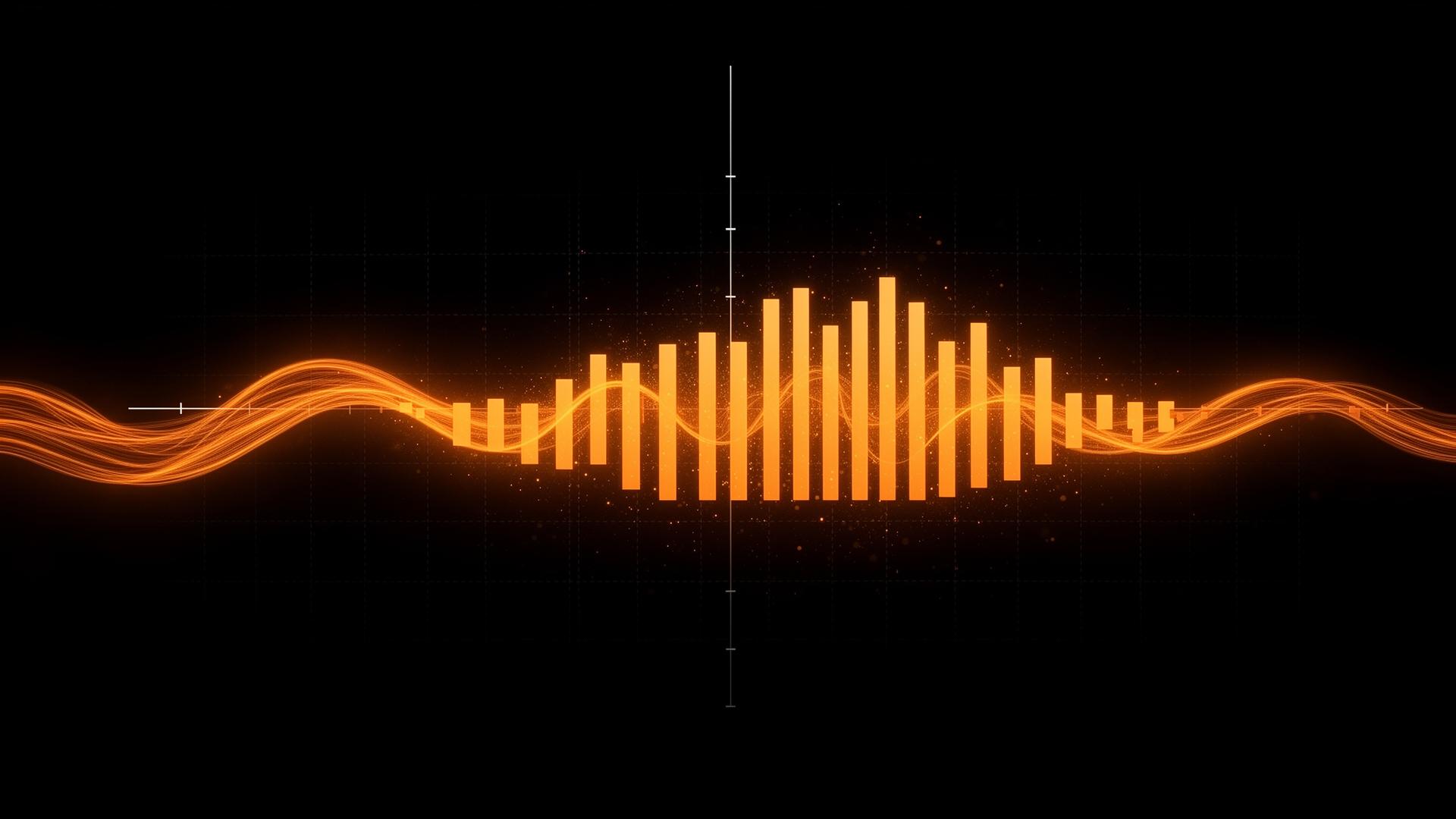 Glowing orange Amazon Marketing Stream data ribbon breaking into 24 hourly bars on a black grid