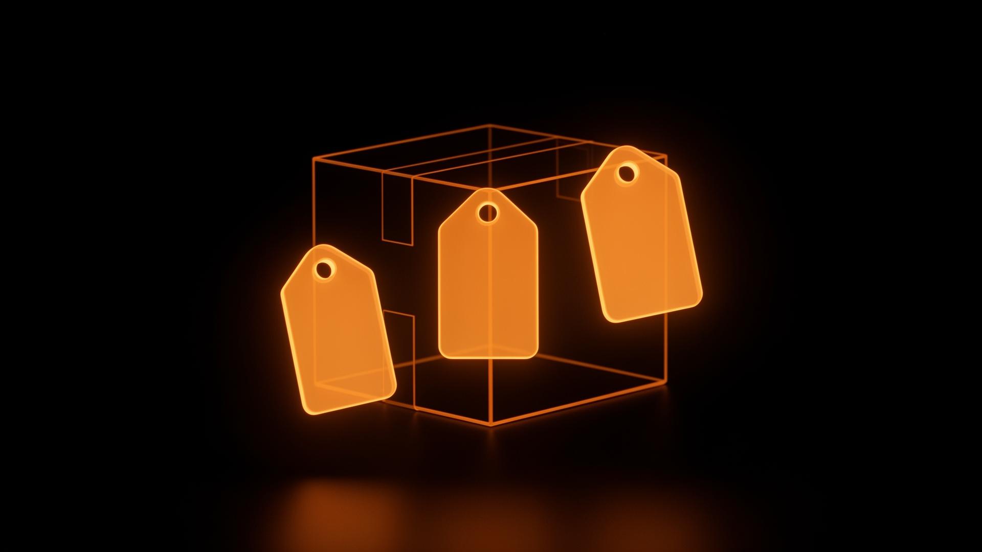 Three translucent glowing orange price tags floating in front of an orange wireframe shipping box on a black background
