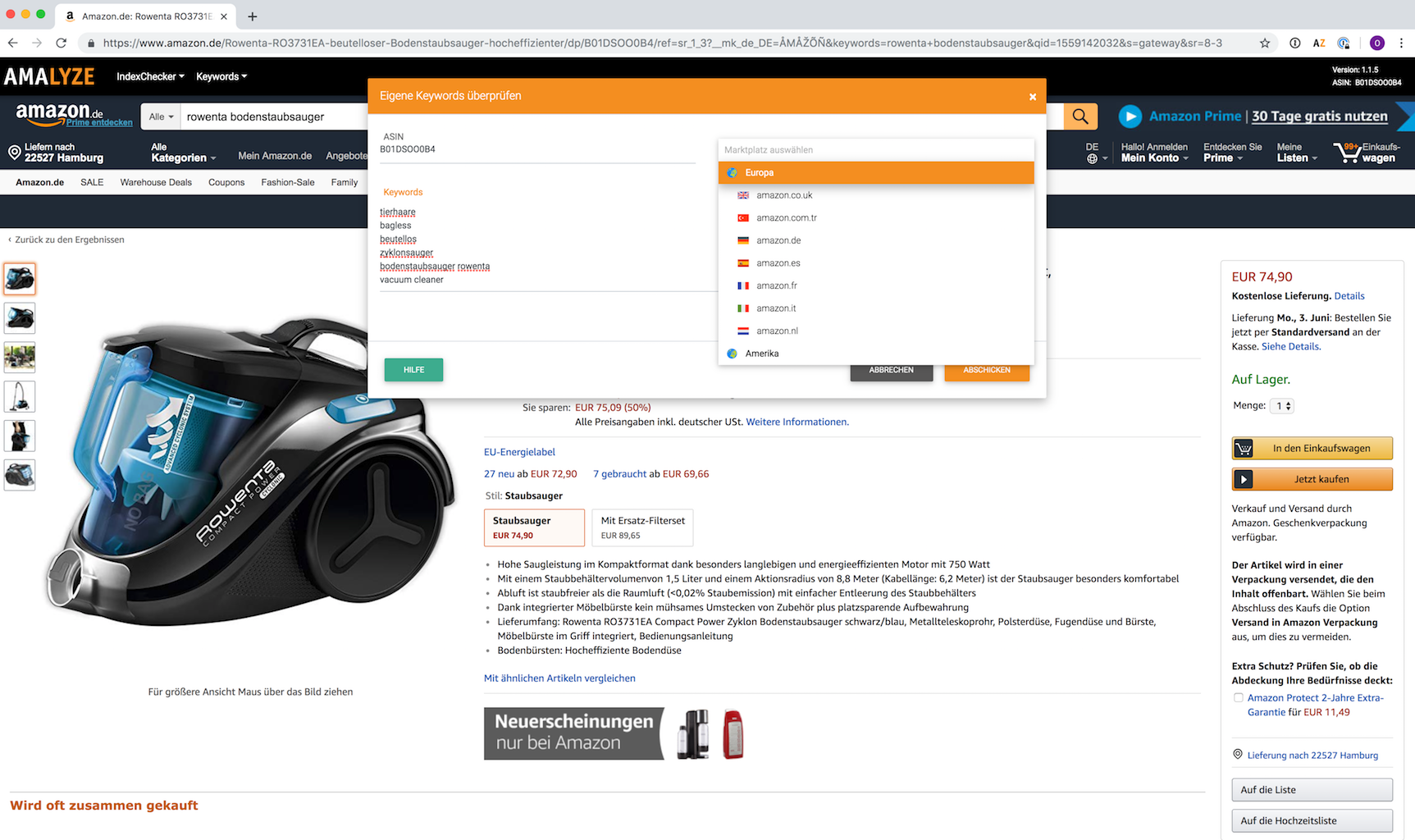 Kostenloses Amazon Tool Amazon Keyword Check auf weltweit allen Amazon Marktplätzen