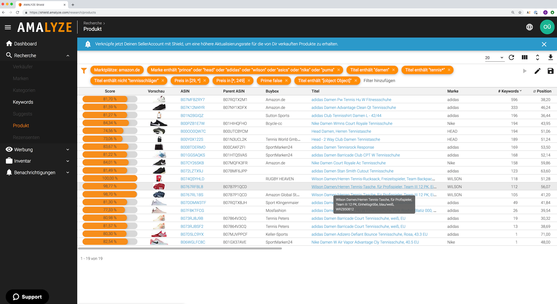 Amazon tool AMALYZE Shield_Produktrecherche_Marken-Filter, Preis-Filter, Prime-Filter
