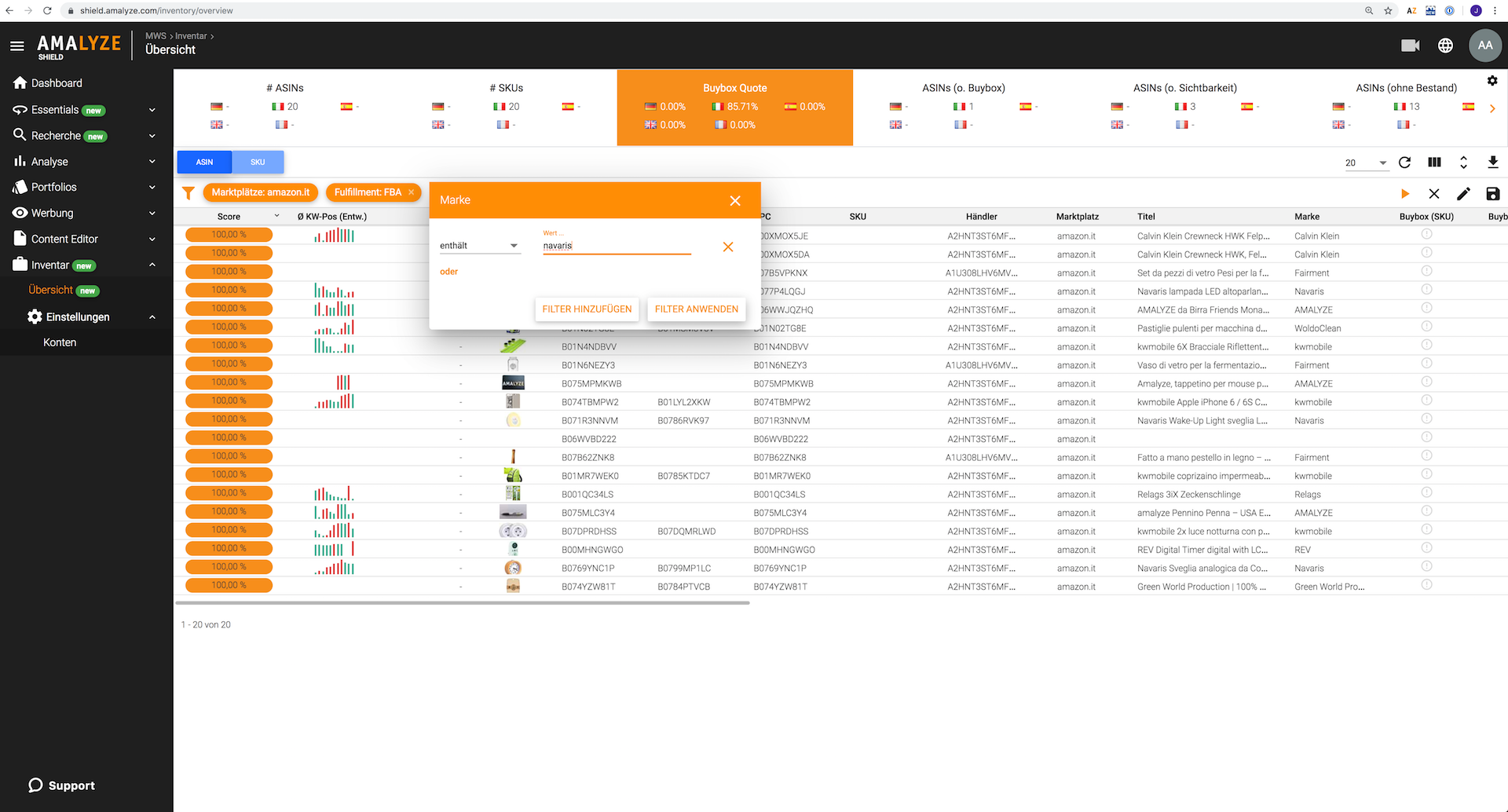 Amazon Tool AMALYZE_Markensuche im Inventory Modul_Filtern