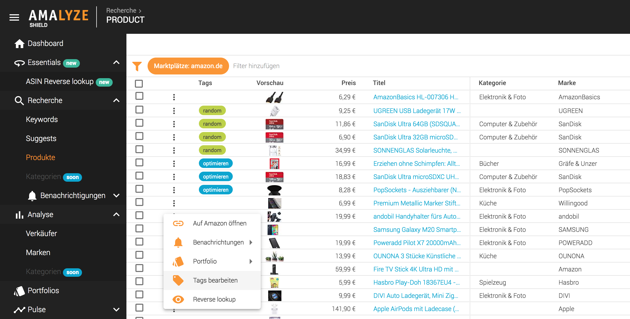 Rcherche_Produkte_Tabellen Aktionen_Tags auf Produkt setzen
