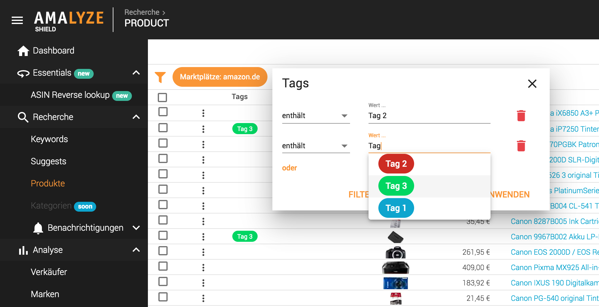 Recherche_Produkte_Tabellen Tags_Filtern nach Tags