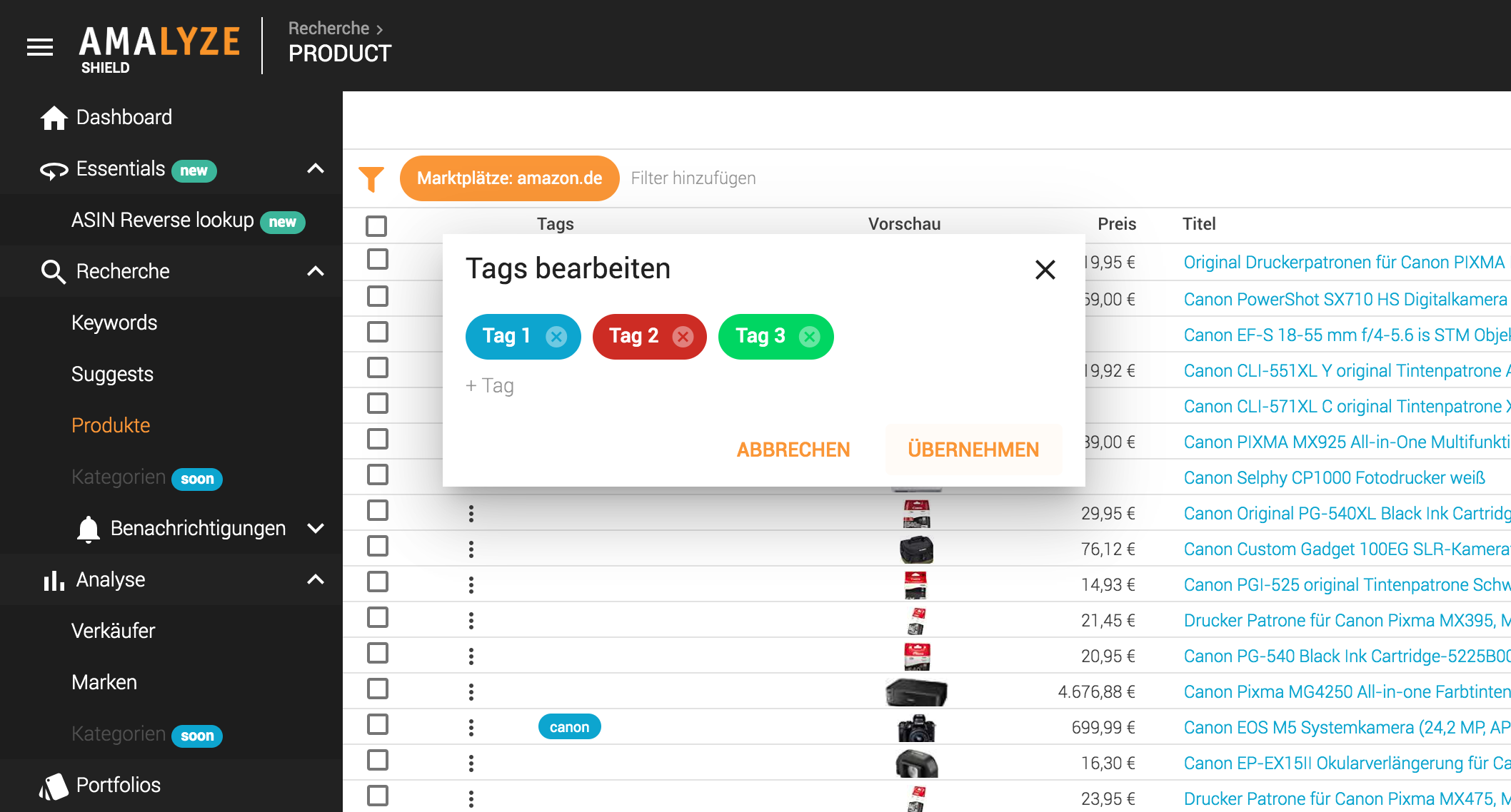 Recherche_Produkte_Tabellen Tags_Mehrfachvergabe von Tags