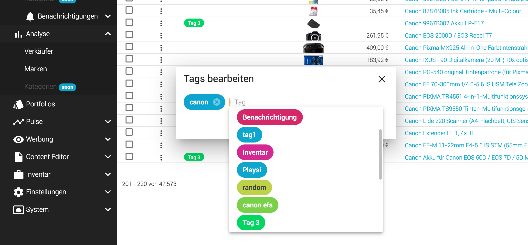Recherche_Produkte_Tabellen Tags_Suggest bei Zeicheneingabe