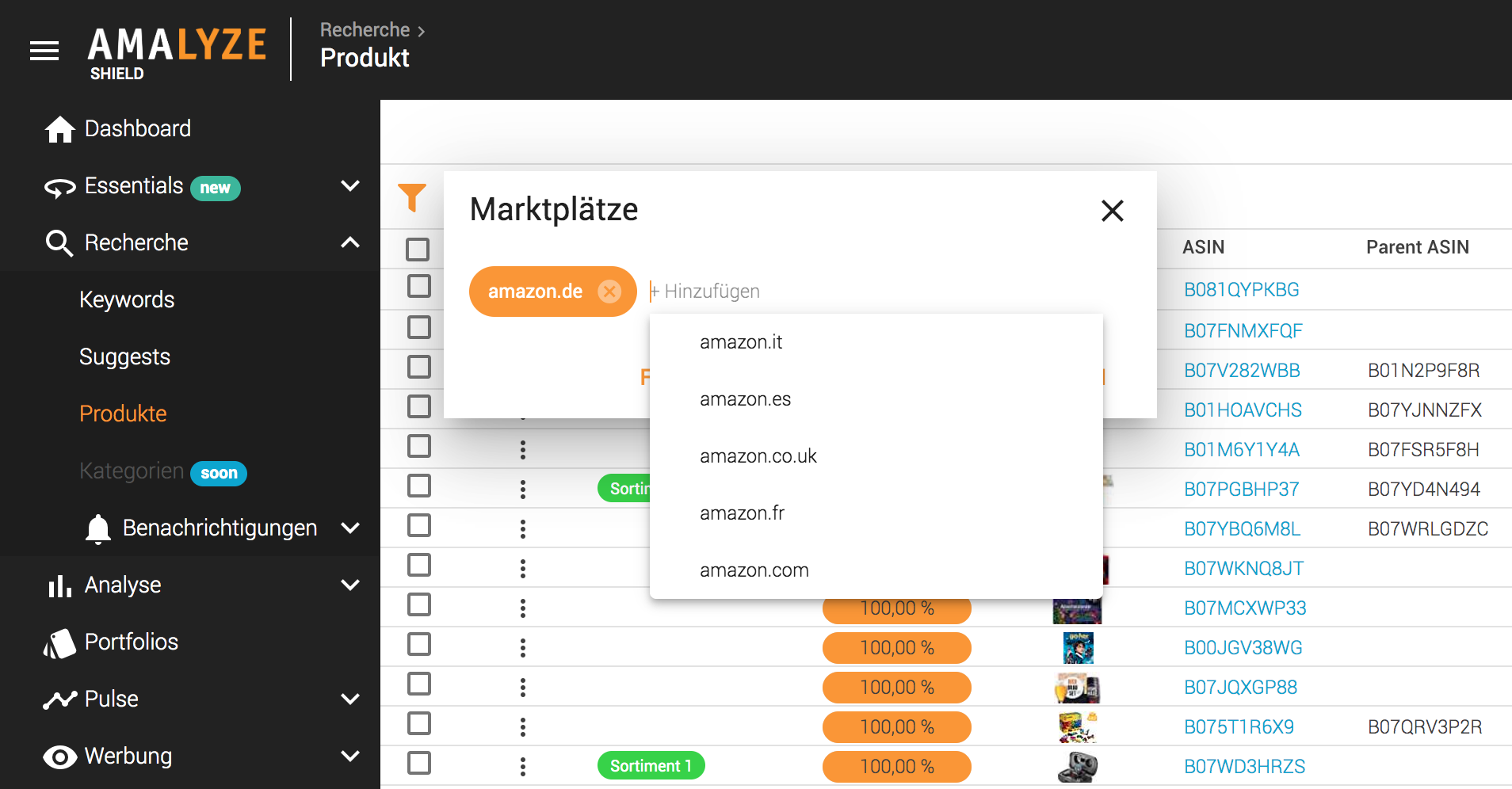 AMALYZE Shield weitere Marktplätze in Shield hinzufügen
